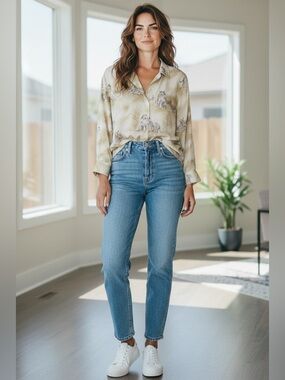 TE CAVALIER Beige Leopard-Illustration Button-Up Blouse